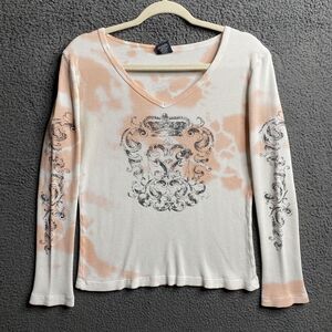 Sledge USA Made Y2k Shirt Women Large Tie Dye Long Sleeve Stretch V Neck Top